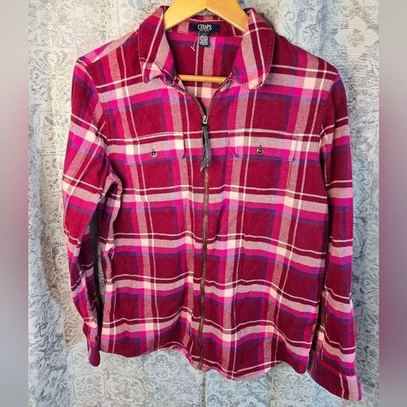 Chaps zip up flannel plaid collared shirt pink white valentine's women's sizemed - Picture 1 of 12